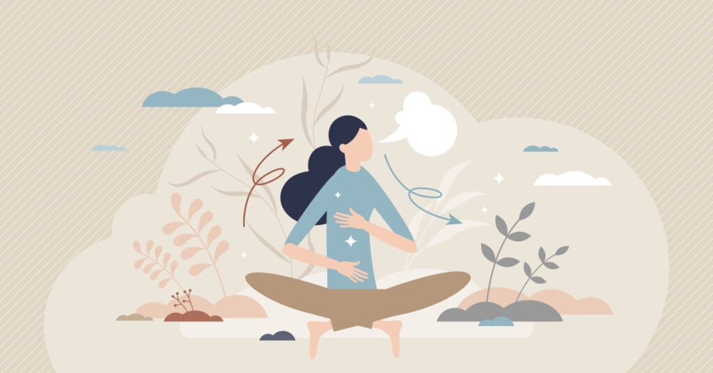 Mindfulness And ADHD: Techniques & Effectiveness 1 An illustration of a woman sat cross-legged doing breath work and sat in nature, completing a mindfulness practice