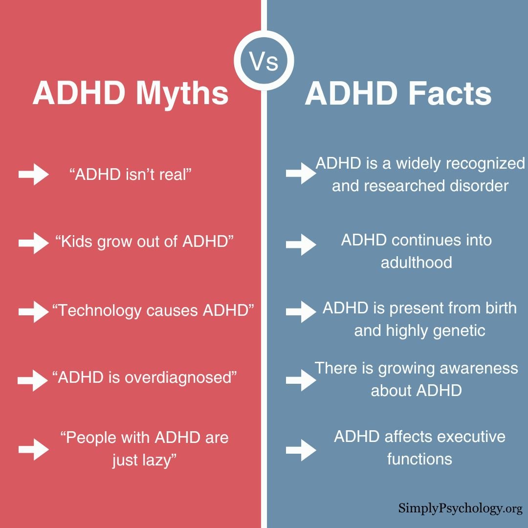 A split screen infographic with ADHD myths on one side and ADHD facts on the other side.