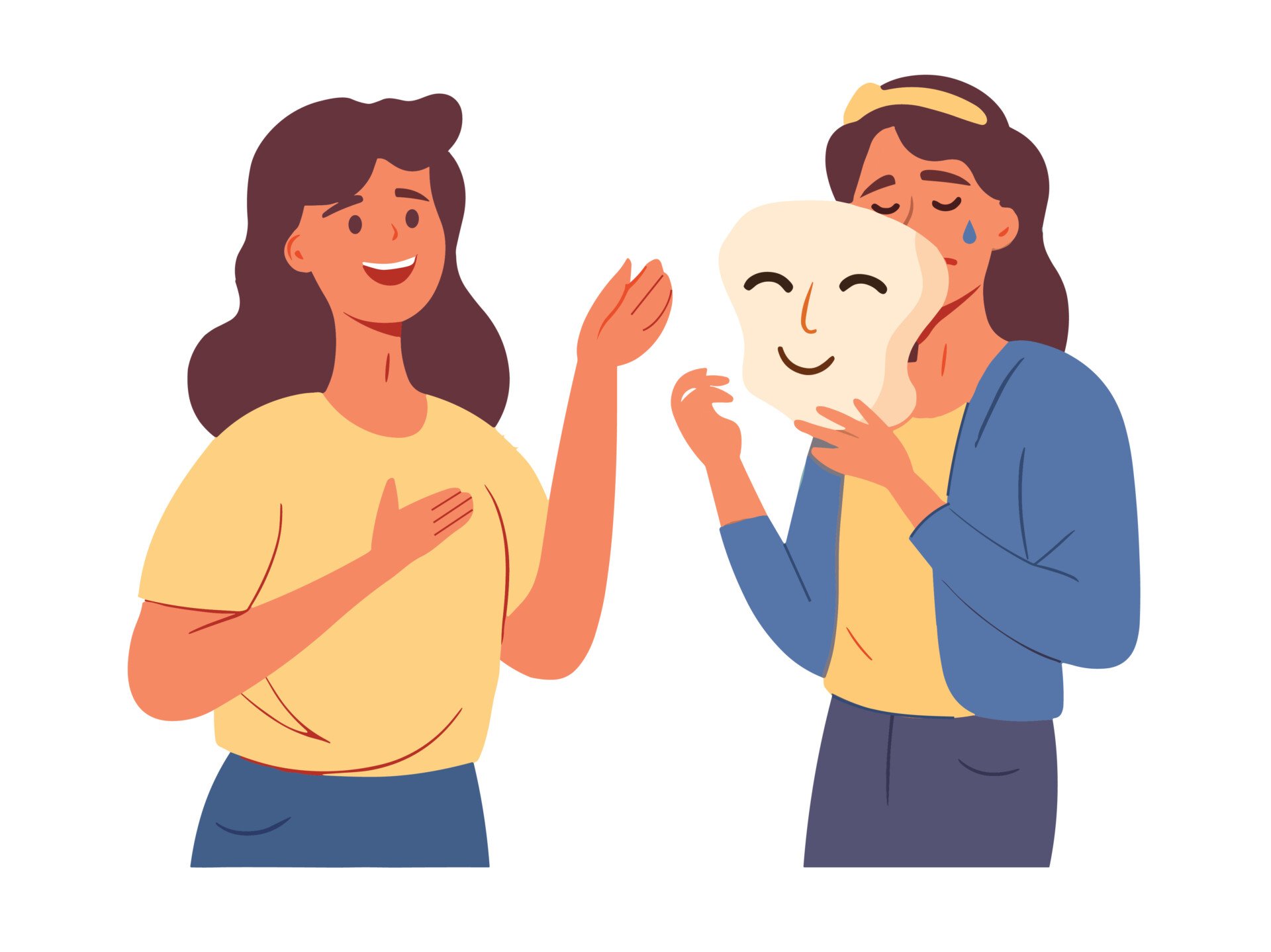 ADHD Undiagnosed Girls illustration of two women. one is happy and chatting. the other is hiding behind a smiling mask while upset