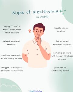 ADHD And Alexithymia: When Emotions Are Hard to Identify 10 A confused man in the centre with signs of alexithymia in adhd surrounding him such as delayed emotional reactions, trouble naming emotions, and flat or muted emotional responses.