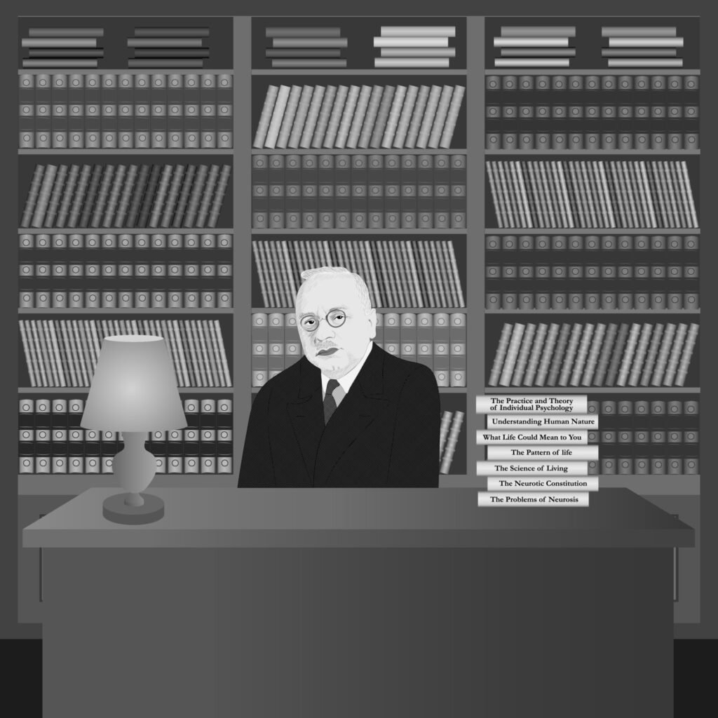 Alfred Adler's Theory of Individual Psychology and Personality 1 Portrait of Alfred Adler in the library with his own books. Hand drawn illustration.
