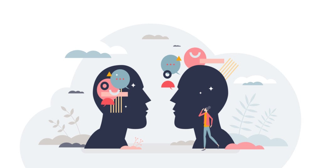 Ambivert Vs. Omnivert 1 silhouettes of two heads, one displaying extroversion, one displaying introversion, shapes coming out of the head.