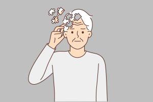 Illustration of an elderly man with puzzle piece sections out of place in his head.