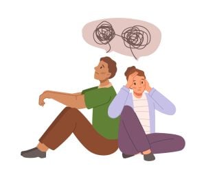 Anxiety and stress in young people illustrated with two kids sitting back-to-back with worried expressions and tangled thoughts icon.