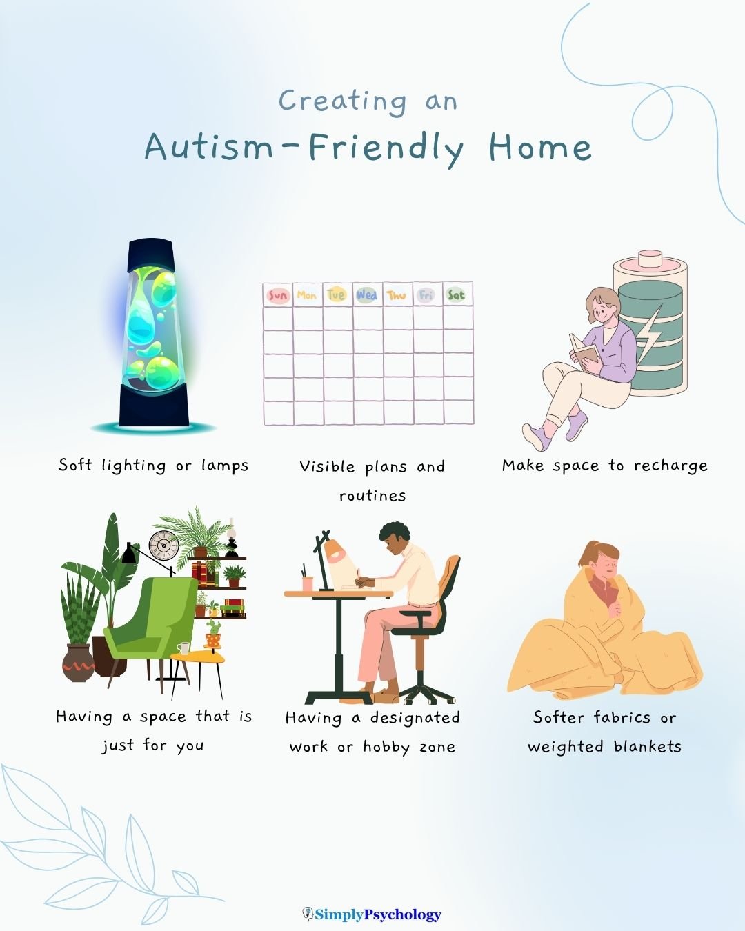 A 6 panel infographic titled "creating an autism friendly home" with 6 tips alongside associated images such as soft lighting, visible plans, and making space to recharge.