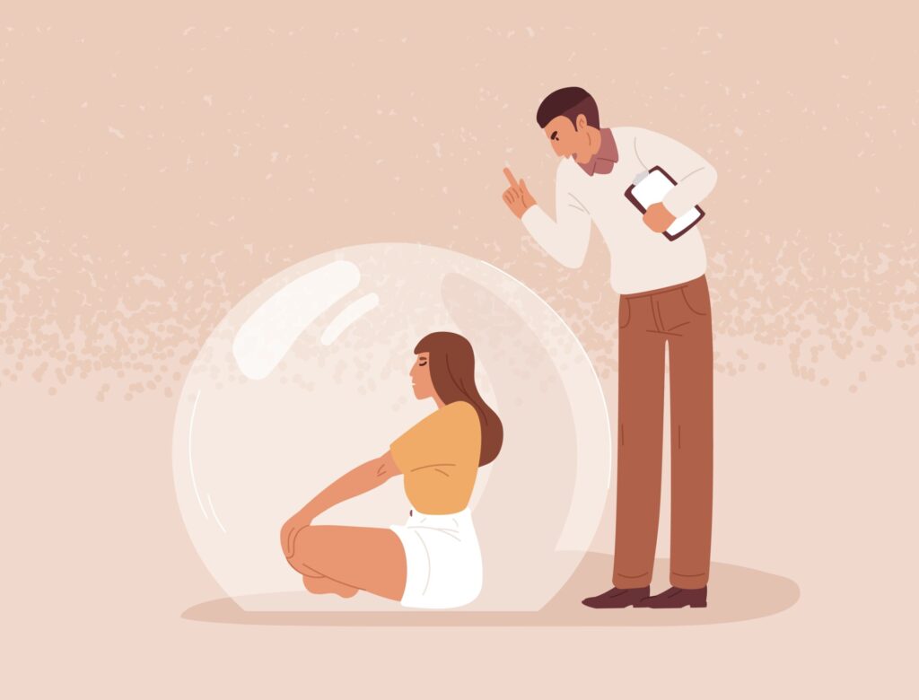 Avoidance is Not a Boundary 1 illustration of a woman sat in a protective bubble while a man is shouting at her