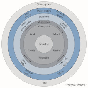 Bronfenbrenner's Macrosystem Theory 2 A diagram of bronfenbrenner's ecological systems theory presented as concentric circles with the macrosystem highlighted in blue while the rest of the image is in greyscale.