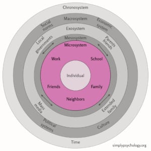 Bronfenbrenner's Microsystem Theory 5 A figure outlining nesting circles representing Bronfenbrenner's ecological systems theory. The systems are in greyscale aside from the microsystem which is pink.