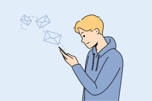 Why is he so into me so soon? 24 an illustration of a man checking his phone with email icons coming from it