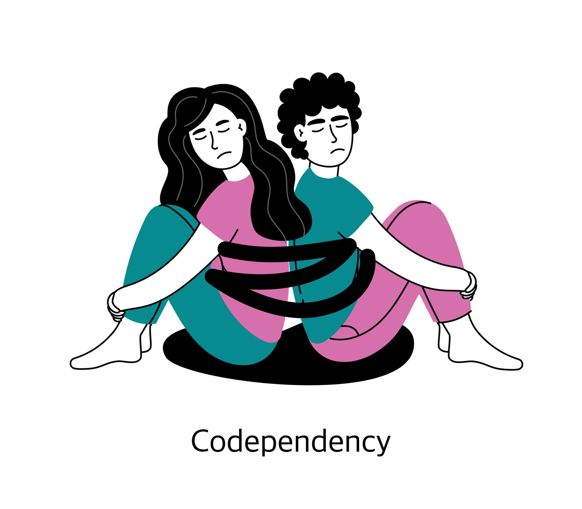 Codependency-in-relationships illustration of a girl and a man isolated on a white background tied together.