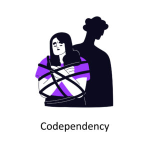 Are Codependent Relationships Unhealthy? 23 Cartoon of a woman looking sad and wrapped in black ropes. A silhouette of a man behind her.