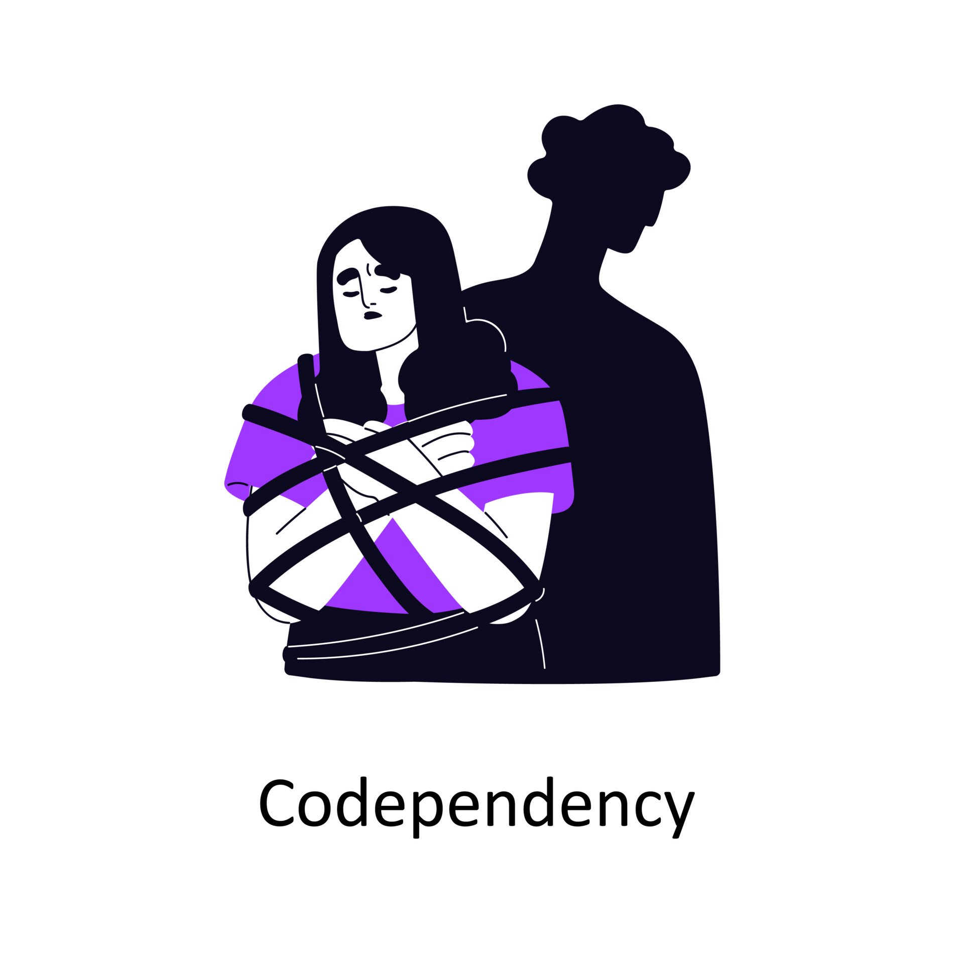 Codependent Couple Cartoon of a woman looking sad and wrapped in black ropes. A silhouette of a man behind her.