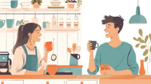 What to talk about with your boyfriend 23 Affectionate couple enjoying morning coffee in kitchen, smiling at each other