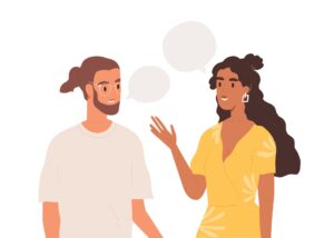 How to Talk to Guys (In Person) 13 Man and woman talking together with speech bubbles between them.