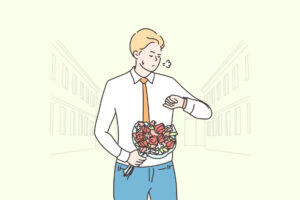 Dating Anxiety: How to Move Forward 19 Young unhappy man character with flower bouquet waiting on street and checking time, looking anxious