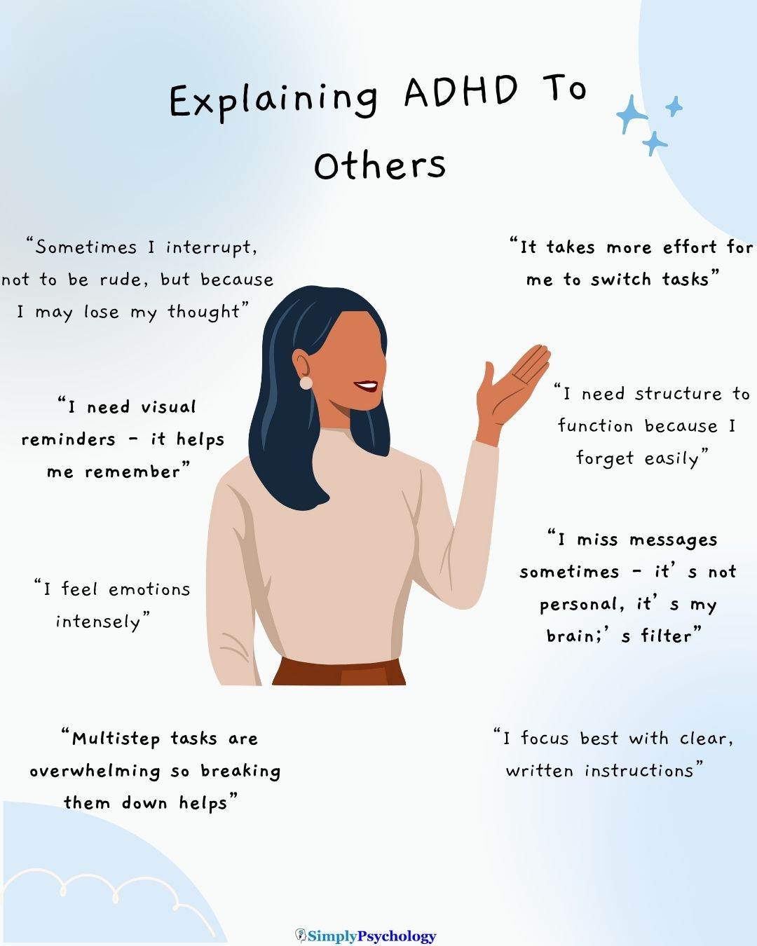 Explaining ADHD A woman speaking in the centre and ways in which to explain adhd surround her such as "I focus best with clear, written instructions"