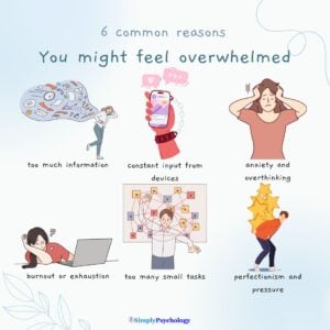 Feeling Overwhelmed With Too Many Things To Do 13 An infographic titled "6 common reasons you might feel overwhelmed" with 6 causes and associated images such as too much information and constant input from devices.