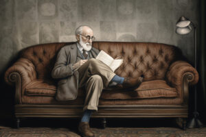 Freudian Slip: Meaning, Examples, Other Explanations 27 illustration of Freud sat on a sofa reading