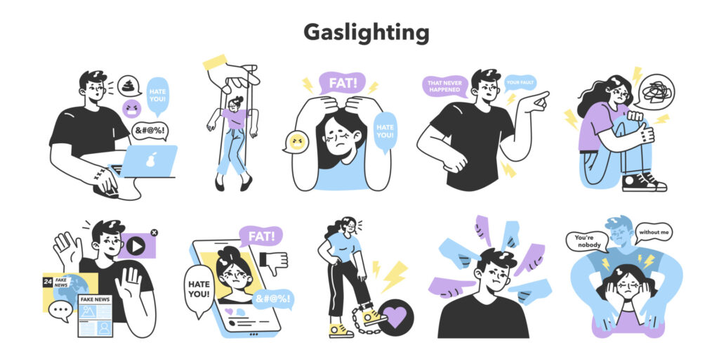 Early Signs of a Controlling Man 1 a set of illustrations showing different ways in which gaslighting can occur and manipulation