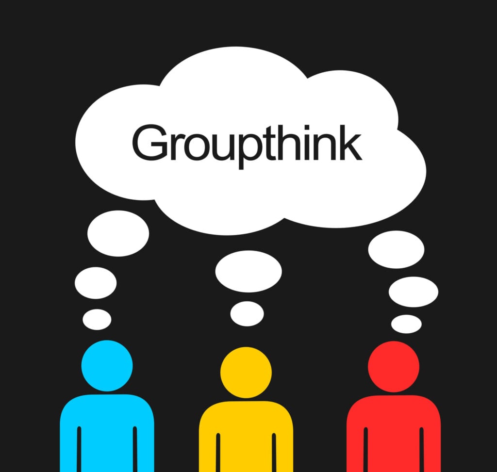 Groupthink: Definition, Signs, Examples, and How to Avoid It 1 3 stick figures all having the same thought - shared thought bubble with 'groupthink' inside it.