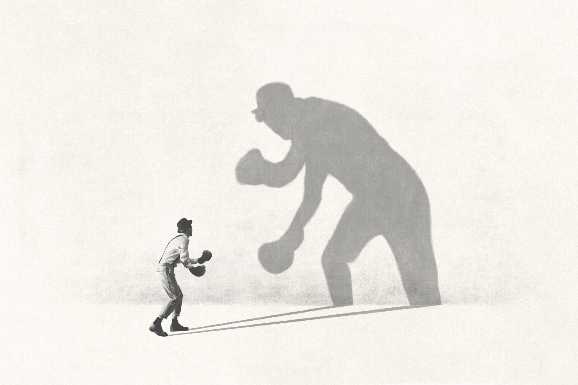 Illustration,Of,Man,Fighting,With,His,Shadow,,Facing,Fears,Surreal identification with the aggressor