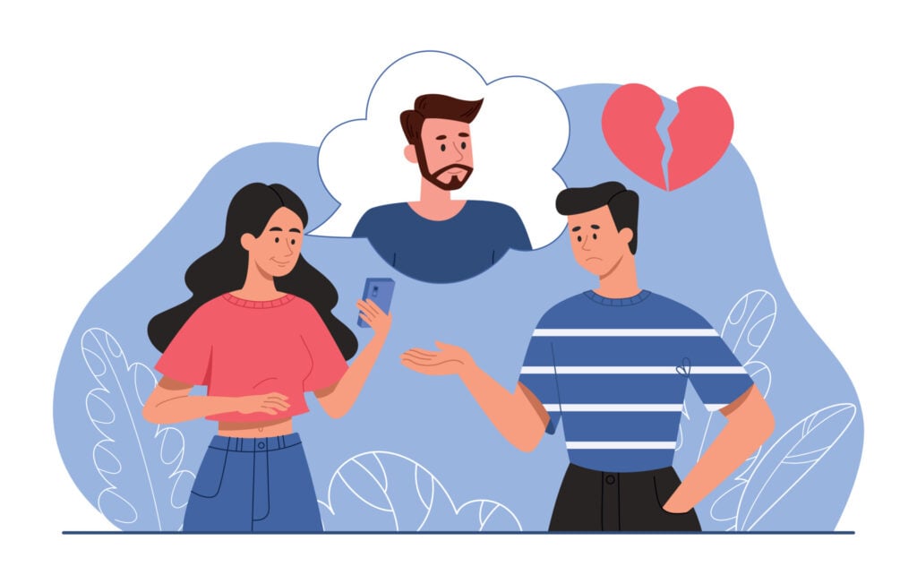What is Considered Cheating in Relationships? 1 Love triangle concept. Girl is talking to guy, and thinks about her lover.