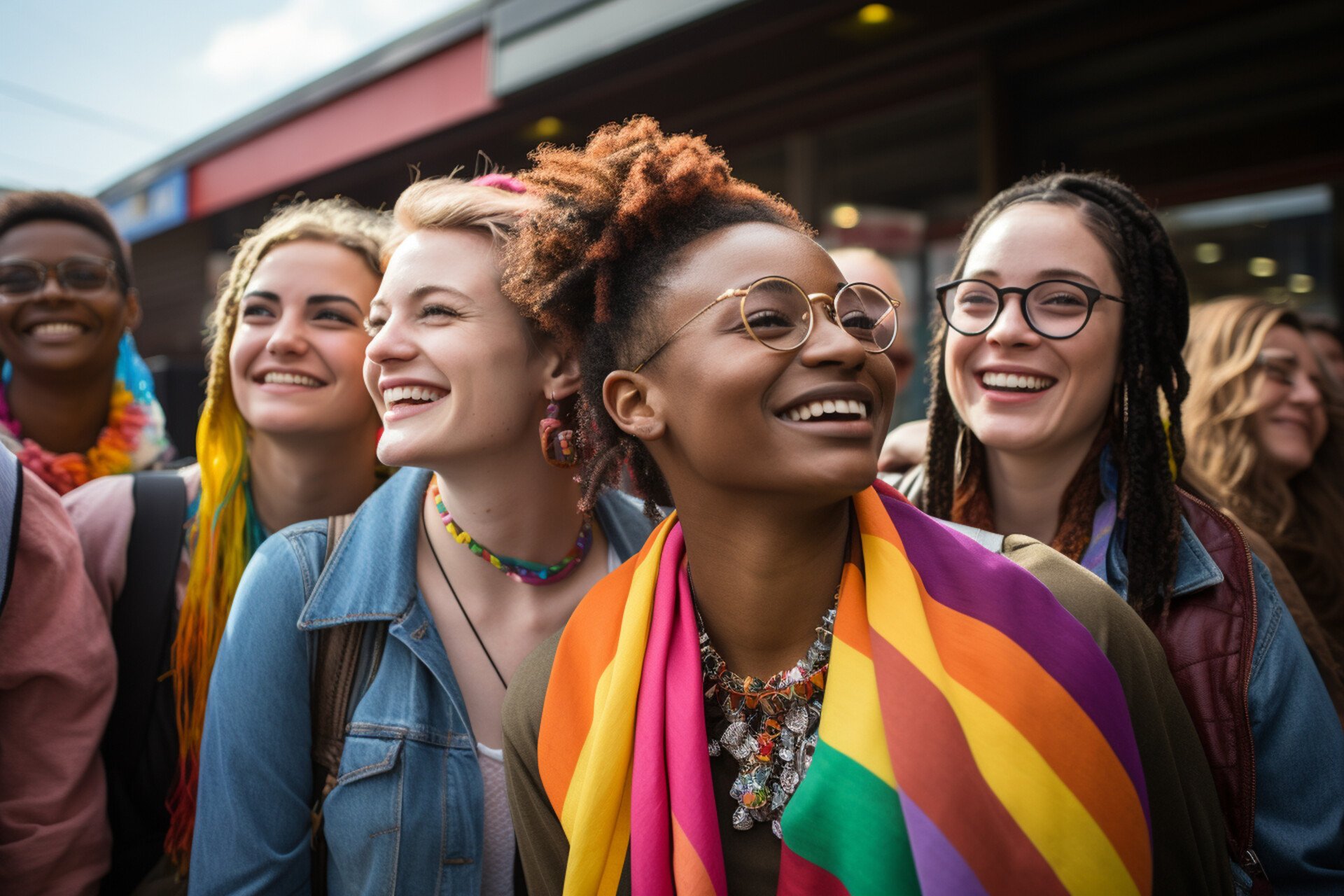 What Is Intersectional Feminism? 1 A group of diverse women, one wearing a pride flag to signify intersectional feminism.