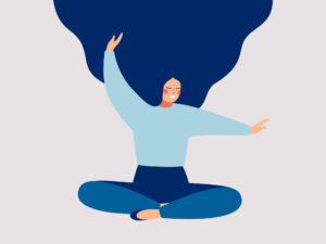 Is Mindfulness Effective For Social Anxiety? 28 Illustration of a calm, happy woman stretching her arms while sat cross-legged on the ground.