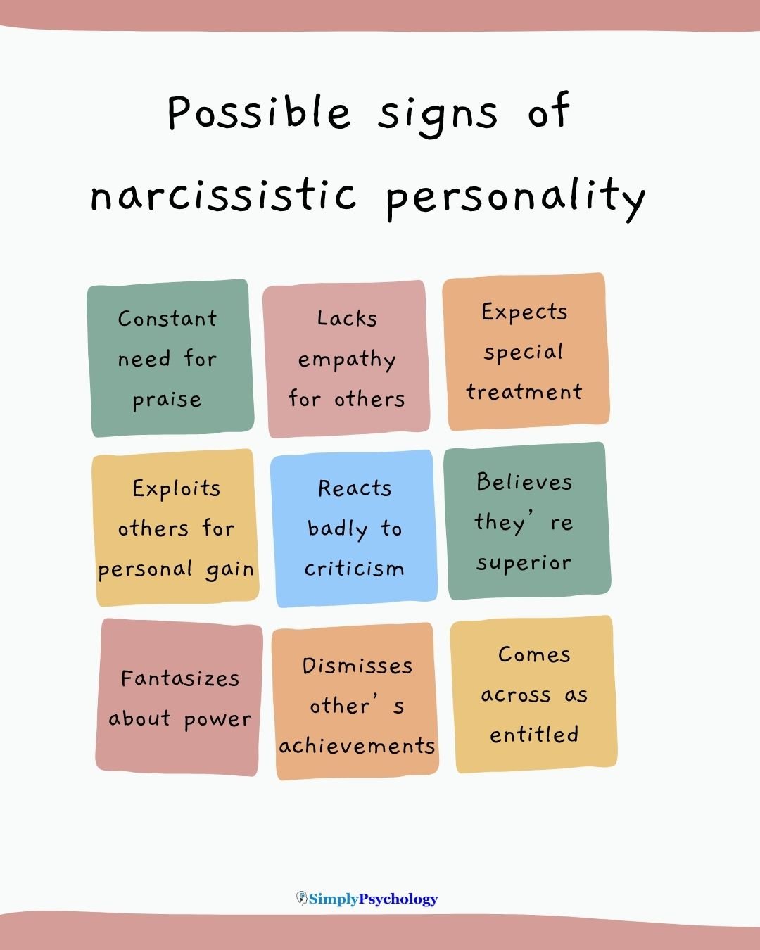 A 9-panel infographic titled "possible signs of narcissistic personality". A sign in each box including constant need for praise, lacks empathy for others, and expects special treatment.