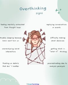 Overthinking With ADHD: Understanding The Racing Mind 13 Image of an overthinking woman in the centre wrapped in barded wire. Signs of overthinking including difficulty making small decisions, fixating on details that don't matter and replaying conversations and events.