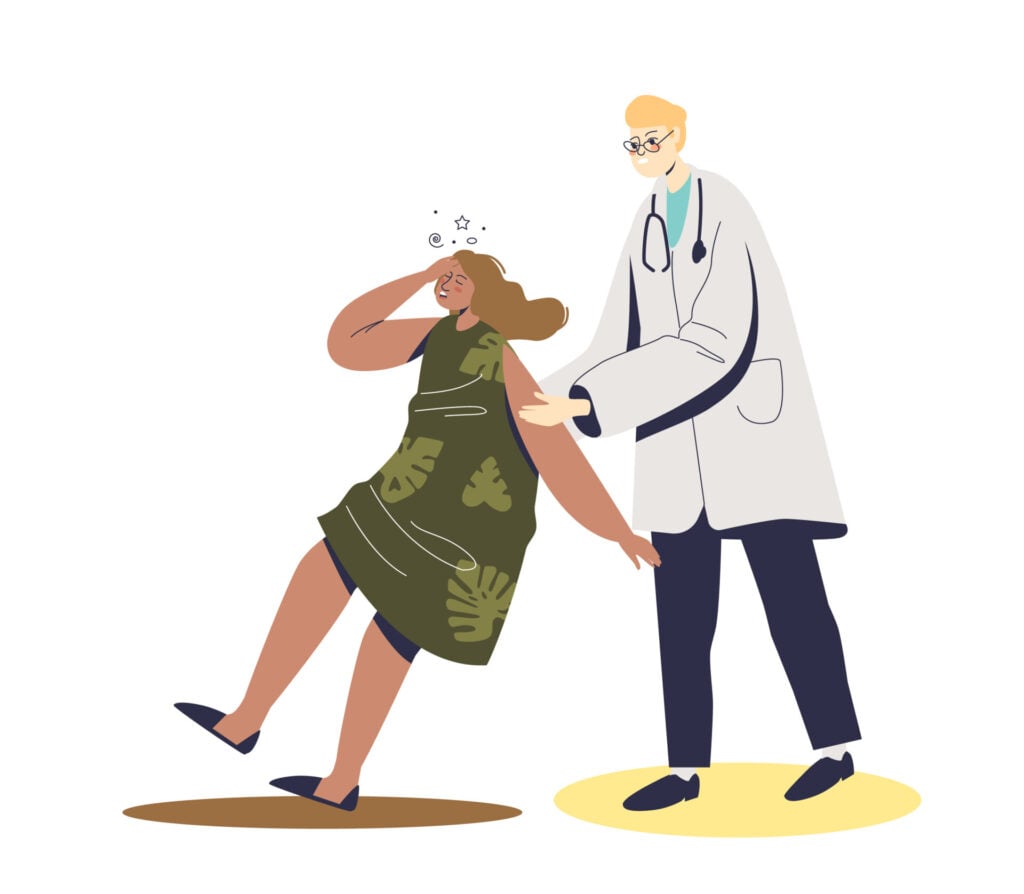 Doctor helping fainting woman suffering from stress. Cartoon female sinking into faint because of panic attack, shock, depression or mental disorder disease. Flat vector illustration