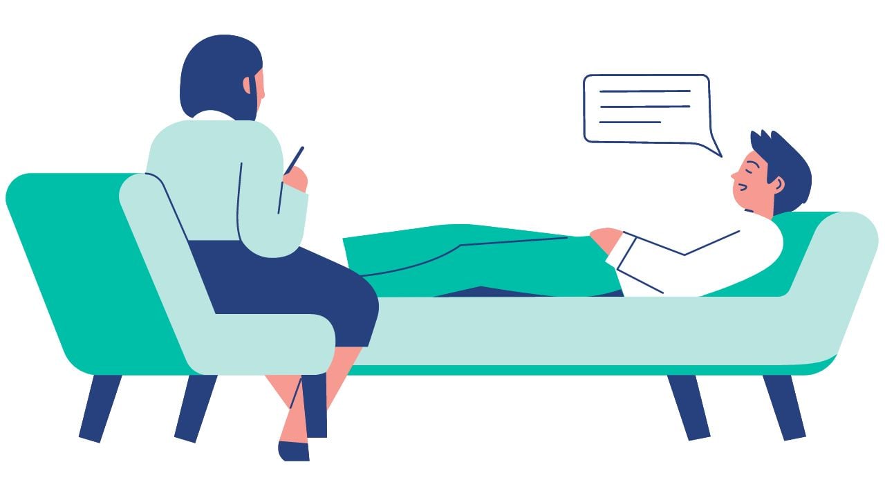 Illustration of a therapy session where the client is lay on a couch and the therapist is writing notes.