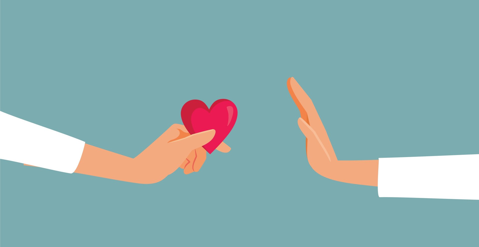 Illustration of a hand holding out a heart and another hand holding palm-up to reject it.