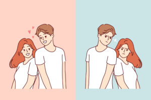 Signs He Likes You but Is Playing It Cool 17 A split screen which a happy and in love couple on one side and a cold and aloof couple on the other.