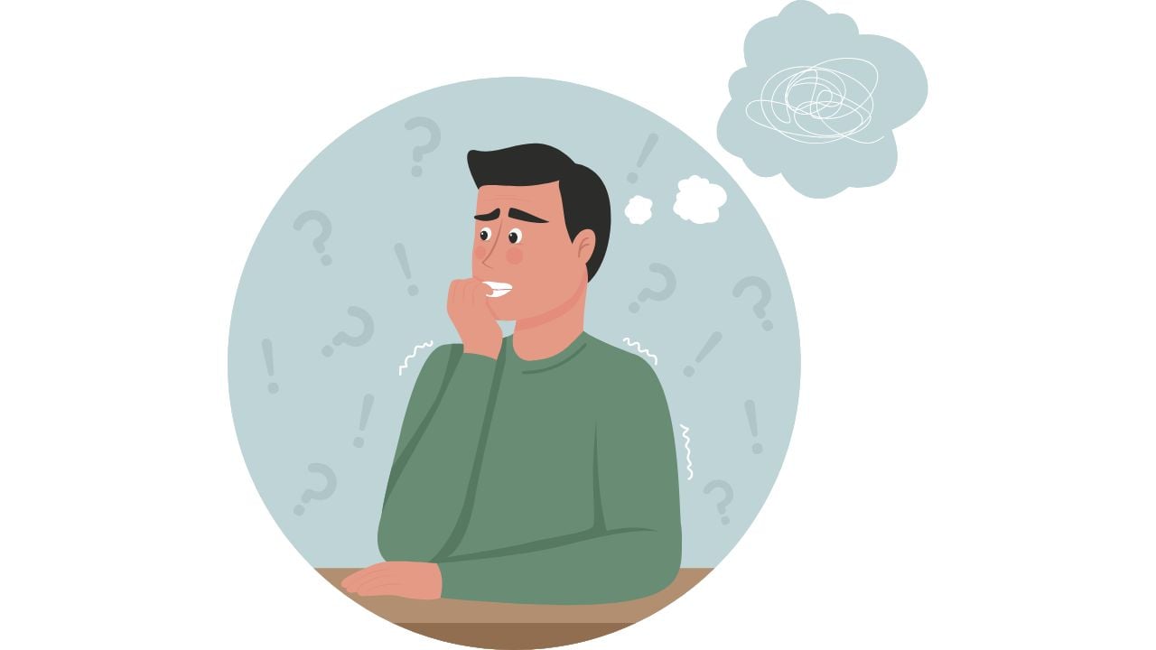 An illustration of a socially anxious man having anxious thoughts.