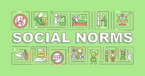 Social Norms 29 Social norms word concepts banner. Community culture rules. Infographics with linear icons on green background. Isolated creative typography