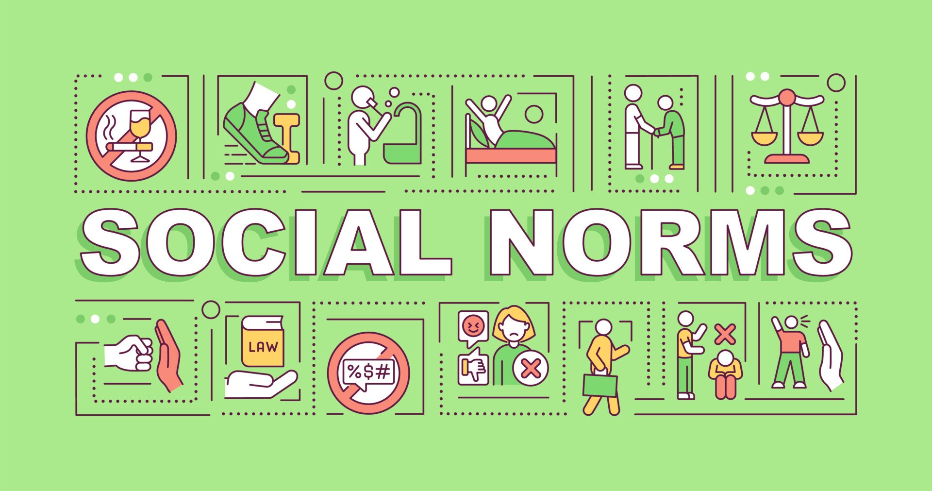 Social Norms 1 Social norms word concepts banner. Community culture rules. Infographics with linear icons on green background. Isolated creative typography