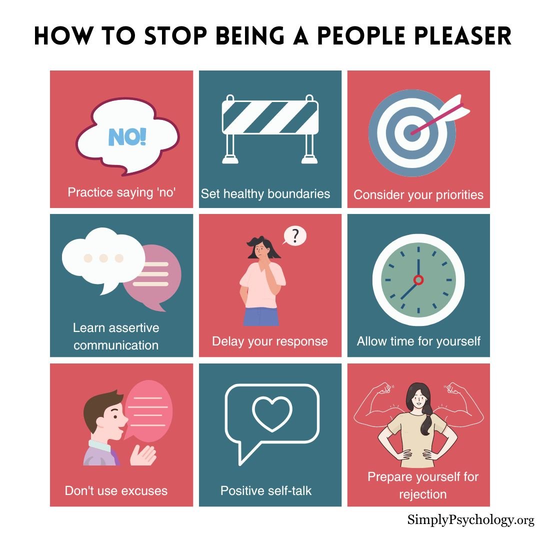 stop being a people pleaser 9 panel infographic outlining some of the ways in which to stop being a people pleaser