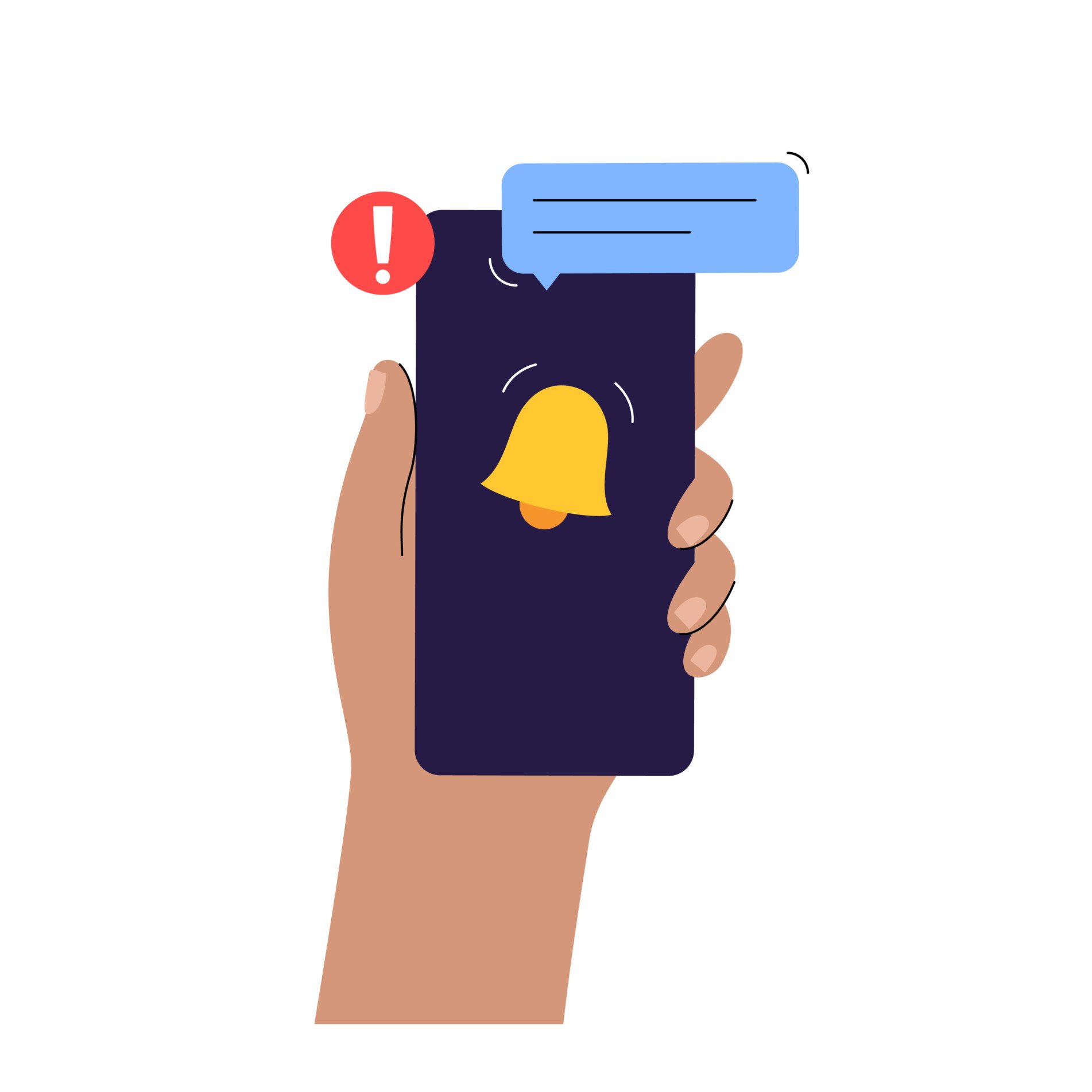 A hand holding a mobile phone with an alarm bell reminder on the screen.