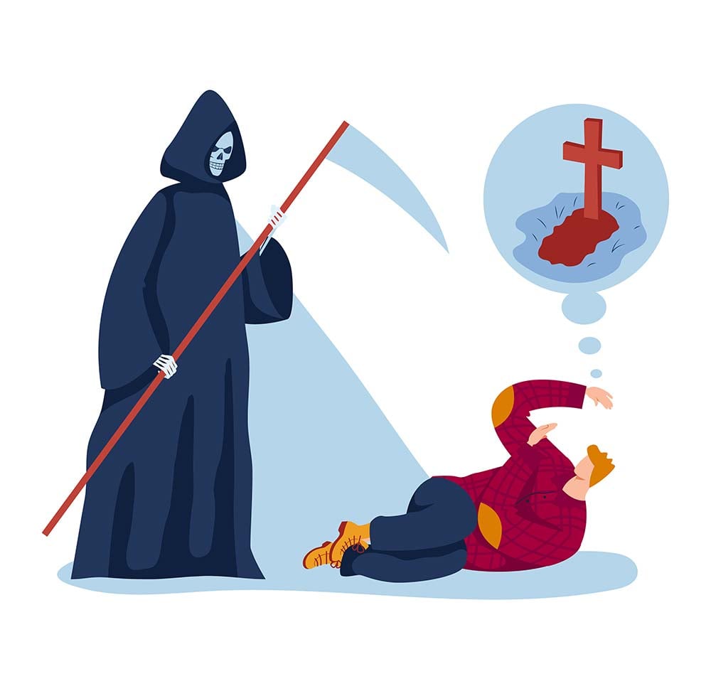 Thanatophobia: Definition, Symptoms, Causes, Treatment 2 Male character fear of death, man lay floor fearful death skeleton hoodie scythe isolated on white, cartoon vector illustration. Person think grave plate, concept dead panic attack