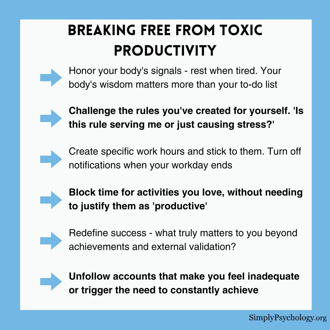 Toxic Productivity An infographic titled "breaking free from toxic productivity" with different tips in a list such as unfollowing accounts that make you feel inadequate or trigger the need to constantly achieve.
