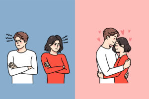 Why do guys chase you and then back off? 16 A split screen image where a couple on one side are angry with each other, facing away with arms crossed. On the other side, the same couple are embracing and in love.